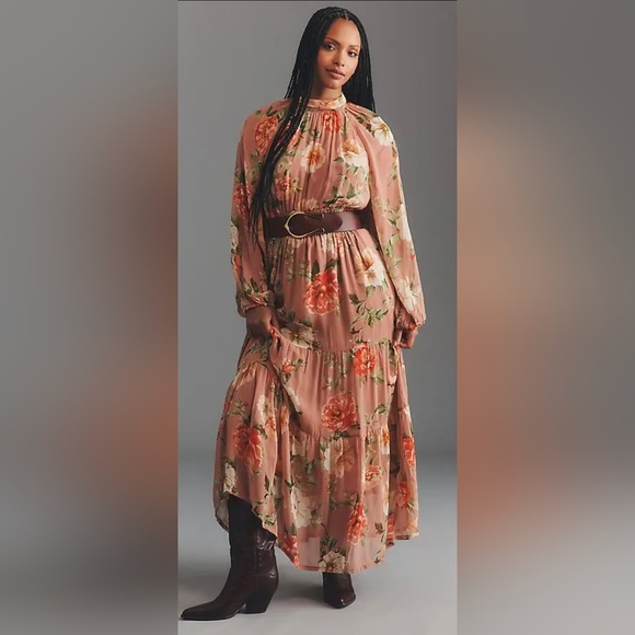 Anthropologie Somerset Long Sleeve Mock Neck Chiffon Pink Floral Maxi Dress - Picture 4 of 16